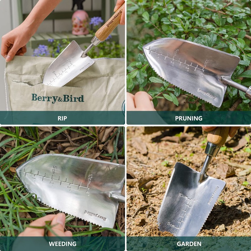 Berry&Bird Garden Serrated Planting Trowel, Multifunctional Shovel with ash Wood