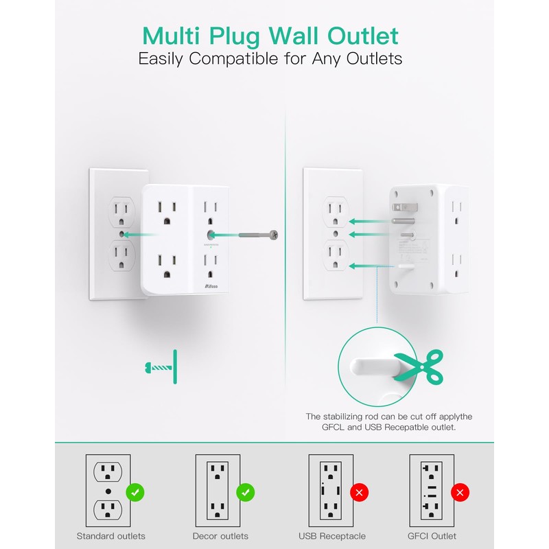 2 Pack Surge Protector Outlet, Outlet Splitter, Multi Plug Wall