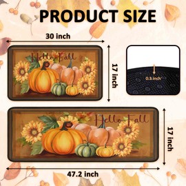 Noulmea Hello Fall Pumpkin Decorative Kitchen Rugs Set of 2,Thanksgiving Autumn Pumpkin Front Door Mat Floor Rug for Fall Home Holiday Party Decor 17"x47"+17"x30"