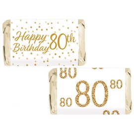 White and Gold 80th Birthday Mini Candy Bar Wrappers - 45 Stickers