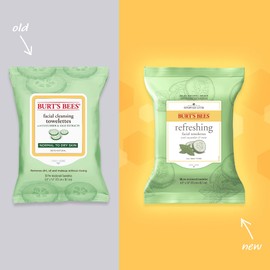 Burt's Bees Refreshing Facial Cleanser Towelettes and Makeup Remover Wipes for All Skin Types with Cucumber & Mint Made with Repurposed Cotton, 30 Count