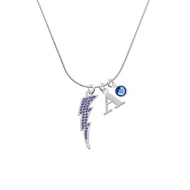 Delight Jewelry Silvertone Large Blue Crystal Lightning Bolt - Silvertone Capital Initial Charm Necklace with Crystal Drop, 18"