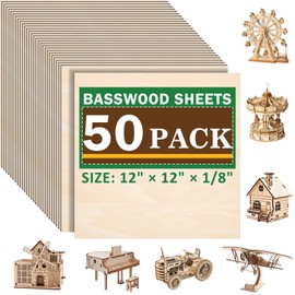 50 Pack Basswood Sheets for Laser Cutting, 12 x 12 x 1/8 Inch, Unfinished Squares Wood Sheets for Crafts - Smooth Surface Plywood for Wood Burning, Engraving, Architectural Models, Painting & Staining