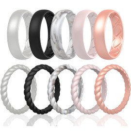 Saco Band Silicone Ring Wedding Band for Women - 10 Pack Ring Set (Black, Marble, Light Pink D, Rose Gold F, Pearl Silver A - Size 11.5-12 (21.30mm))