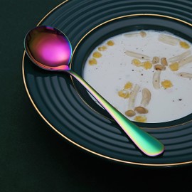 Berglander Rainbow Soup Spoons of 6, Stainless Steel Round Spoon Cutlery, Classic Colourful Shiny Soup Spoon, Table Spoon Set, Dishwasher Safe