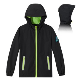 Veridra Kids Rain Jacket with Air Vents Mesh Lining, Hooded Raincoats with Extended Brim for Boys Girls Lightweight Waterproof Windbreaker Coat (Black Yellow,8-9 Years)