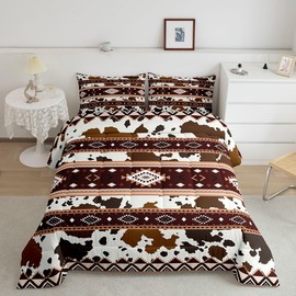Cow Fur Print Comforter Set Full Size Western Aztec Tribal Stripes Quilt Set 3Pcs Brown Abstract Cow Skin Bedding Set for Kids Girls Adult Room Decor Rustic Animals Duvet Insert,2 Pillowcases