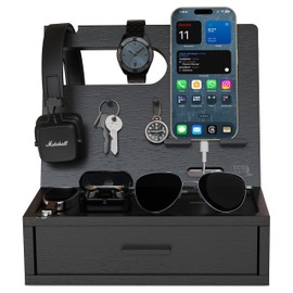 EcoLeafy Dot Nightstand Organizer- Valet Tray for Men, Birthday Gifts for Men, Best Gifts for Men, Gifts for Dad, Dad Gift, Rustic Bedside Table Organizer for Cellphone, Watch