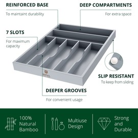 ROYAL CRAFT WOOD Luxury Bamboo Kitchen Drawer Organizer - Silverware Organizer - Utensil Holder and Cutlery Tray with Grooved Drawer Dividers for Flatware and Kitchen Utensils (7 Slot, Gray)