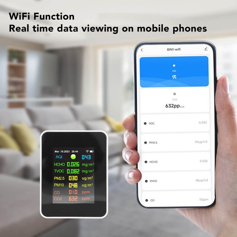 Indoor Air Quality Meter, 2000mAh WiFi Tester with Color LCD