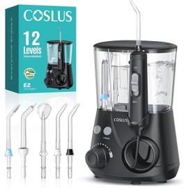 COSLUS E2 Oral Irrigator Electric Professional Teeth: 2 Modes & 12 Pressure Levels - 600 ml Water Tank Dental Irrigator for Families Oral Health Enthusiasts/Orthodontics Patients - Household/Bathroom with 5 Nozzles - Black