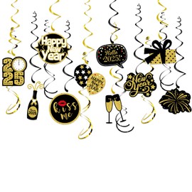 Happy New-Years Eve Party-Decoration Banner Garland - 16pcs Black Gold 2025 Swirl Streamers Banner,Nye Kids Hanging Supplies Decor Lasting Surprise