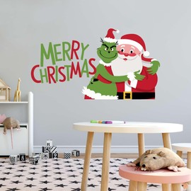 Family Merry Christmas Vibrant Cartoon Wall Decal Decoration Cute Santa Claus and The Green Hug Christmas Décor Holiday Gift Lasts Years and Easily Removable - Size: 10 in(W) x 5 in(H)