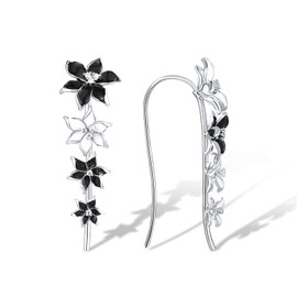 Santuzza Enamel Black & White Flower Ear Cuffs Climber Earrings Sterling Silver Orchid Ear Crawler Earrings for Women