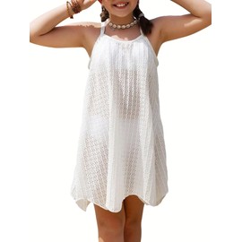 Generic Girl's Crochet Backless Cami Swim Cover Ups Semi Sheer Hollow Out Cover Up Dress White 10Y