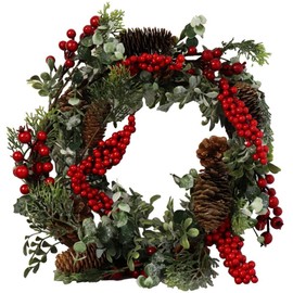 Gisela Graham foliage, cones & red berry twig Christmas door WREATH