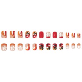 MERVF Square Press on Nails Short Fake Nail Orange French Tip Glue ons Summer Beach Acrylic Nails Squoval Coconut Palm Design Manicure 24pcs Glossy