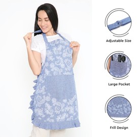 Encasa XO Aprons for Women | Cotton Chambray Fabric with Floral Frill | Kitchen & Cooking Chef Apron with 2 Large Pockets | Stylish Protection, Blue, 70x85 cm