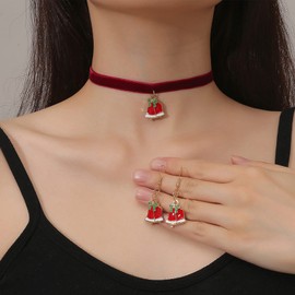 Christmas Choker Earrrings Set Red Velvet Choker Necklace for Women Christmas Jingle Bell Earrings for Girls Xmas Holiday Jewelry Gifts(2 Pcs)