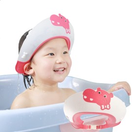 FUSACONY Baby Shower Cap Shield, Bath Hats for Kids, Baby Hair Washing Shield,Adjustable Children Shampoo Cap and Visor, Toddler Eyes and Ears Waterproof Hat Hippo (Pink)