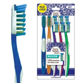 GuruNanda - Cepillo de dientes multiacción con limpiador de lengua, cerdas suaves para dientes sensibles y encías, colores surtidos, paquete de 8