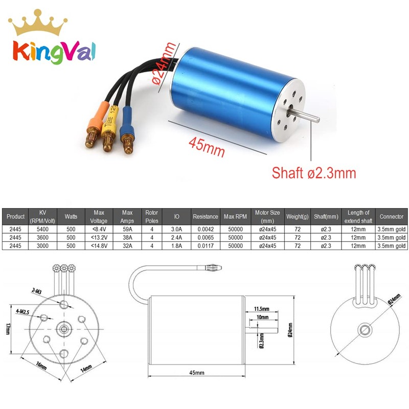 KingVal Replacement 2445 3000KV Sensorless Brushless Motor Shaft Diameter 2.3mm