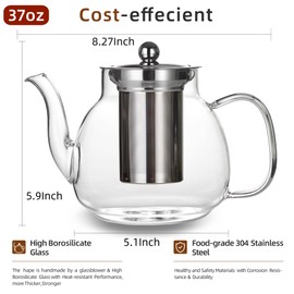 MJZQCD Glass Teapot–1100ml (37oz) Glass Tea Kettle with Removable Stainless Steel Infuser& Lid,for Blooming and Loose Leaf Teapots,Tea Maker Gift,Tea Pot Stovetop Safe