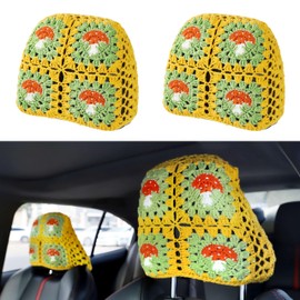 CSWCS 2PCS Crochet Seat Headrest Cover,Car Head Rest Protector,Cute Mushroom Car Accessories for Women, Universal Seat Cover Boho Car Decor Fit Sedans,SUVs,Trucks (Orange-mushroom)