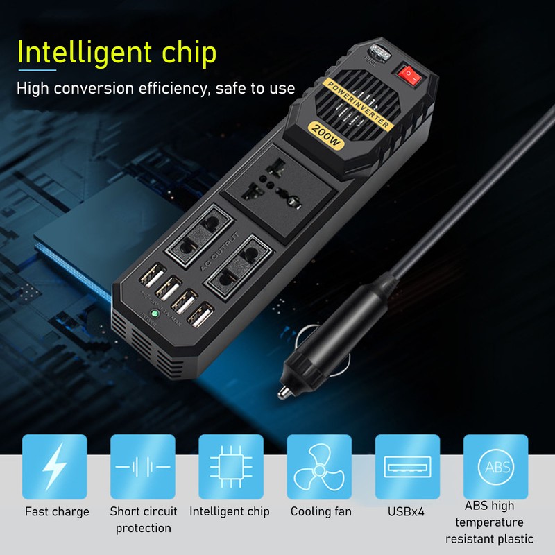 Car Power Inverter 200W DC 12V to AC for Vehicles