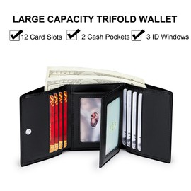 VANNANBA Men's Leather Trifold Wallet with Folded ID Windows,12 Card Slots & 2 Note pockets(Plain black)