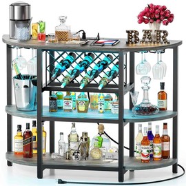 Bar Table Cabinet with Power Outlet, LED Home Mini Bar Cabinet for Liquor, Metal Wine Bar Stand with 4-Tier Storage, Easy to Assemble, Grey - Color: Brown
