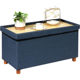 PINPLUS Folding Storage Ottoman Bench, 30 Inches Linen Large Upholstered Storage Ottoman Foot Stool with Wooden Feet, Coffee Table, Large Storage Bench for Living Room Bedroom Entryway, Blue