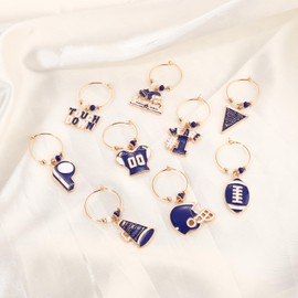 Football Wine Glass Charms Set of 9 Game Day Wine Charms Football Touch Down Steam Glasses Markers Drink Identifiers Tags for Cups Game Day Party Supplies Accessories (Blue White)
