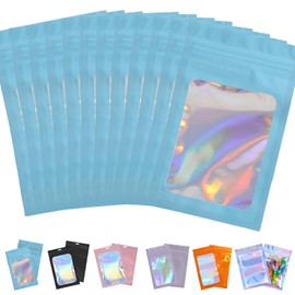 50pcs Mylar Holographic Bags 12x20cm,Blue Smell Proof Mylar Bags Resealable Sweet Pouches,Small Plastic Bags Sample Bags for Lipgloss,Jewelry,Eyelash,Food Storage Gift Grip Foil Ziplock Mylar Bags