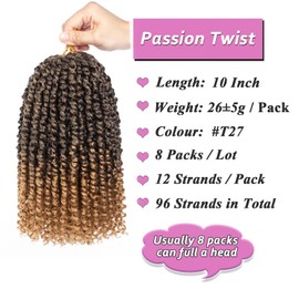Samtress Pre-twisted Passion Twist Hair 10 Inch Short Passion Twist Crochet Hair 8 Packs Ombre Blonde Pre-looped Crochet Braids for Women Short Bohemian Synthetic Hair Extensions with Curl Ends (#T27)