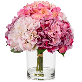 Hollyone Real Touch Pink Hydrangea Artificial Flowers in Vase Latex Large Faux Hydrangea Flowers Arrangements Hydrangeas Fake Flower with Glass Vase with Faux Water for Table Centerpiece Home Decor