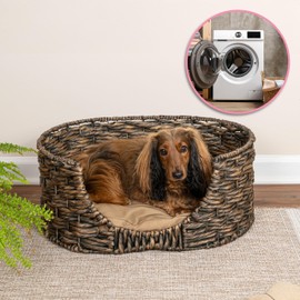 THE LICKER STORE DBD4001B Perri 24" x 18" Classic Farmhouse Handwoven Hyacinth Oval Pet Bed with Machine-Washable Cushion, Brown