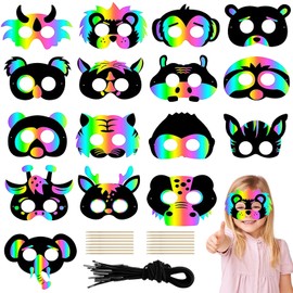 Scratch Pictures for Children, 16 Pieces Party Masks for Painting, Creative DIY Craft Sets with Elastic Cords and Wooden Pens, Animal Masks Rainbow Scratch Pictures, Face Mask for Children's Birthday