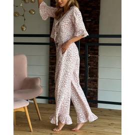 codcm Womens Cotton Pajama Set Ruffle 2 Piece Tie Front Shirt and Long Pants Cute Printed Sleepwear(Pink Leopard,Large)