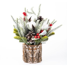 ilauke Mini Christmas Tree, Mini Potted Artificial Tabletop Christmas Tree with Pine Cones, Cottons and Red Berries Ornaments, Miniture Snowing Pine trees with Wooden Bases for Xmas Home Decor