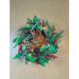 Christmas Wreath Natural Decorations 20 Inch with 30 Lights Timer Pinecone Berry Dark Green Leaves
