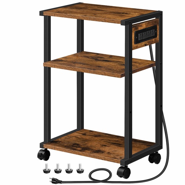 HOOBRO Industrial Printer Stand with Charging Station, 3-Tier Printer Table, Rolling Printer Cart with Adjustable Shelf and Hook, Rustic Brown and Black BF28UPS01