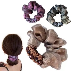 3pcs Hair Elastic Scrunchies Glitter Flower Hair Ties Hair Bows Stretchy Rubber Hairbands Thick Floral Headbands Scrunchies Ponytail Holder Accessories for Women Girls (Purple+Brown+Black)