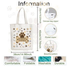 ANATTASOUL Canvas Tote Bag Dog Supplies and Paw Prints Reusable Cotton Bag for Women, Durable Cloth Shoulder Bags with Zipper Pockets for Shopping, Vacation, Work, Gym