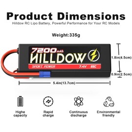 Hilldow 7.4V Lipo Battery 2S 85C 7200mAh Lipos Hard Case Rechargeable Batteries with EC5 Plug for RC Car Truck RC Vehicles Truggy Buggy Tank Airplane Helicopter Racing Models(2 Packs)