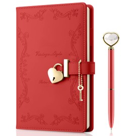 Mousbull Lock Diary with Key and Pen for Girls, 192 Pages Vintage Leather Heart Shaped Journal Notebook with Lock and Diamond Pen, A5 Cute Locked Secret Diaries for Women (Red)