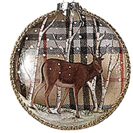Glass Disk Deer Ornaments, 2 Assorted Designs, Christmas Decoration, Rustic Holiday Decor, 4.5 Inches