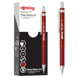 rOtring Tikky Retro Mechanical Pencils , 2B 0.7 mm , Red Barrels , with Comfort Rippled Grip , 12 Count