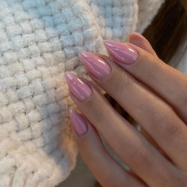 Chrome Glazed Donut Press-On Nails - Pink Medium Short Almond Shaped Glossy Shiny Acrylic Reusable Fake Nails for Women, Glue-On Short Length Stiletto False Nails