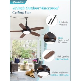 42 Inch Wet Rated Outdoor Ceiling Fan with Lights and Remote,IP65 Hanging Gazebo Fan with 3CCT 6-Speed DC Motor,Brown Waterproof Plug in Ceiling Fan with Cord for Patios Porch Pergola Pavilion